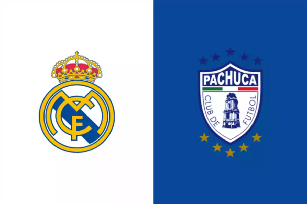 Escudos de los equipos de fútbol Real Madrid y Pachuca sobre fondos blanco y azul respectivamente Escudos de los equipos de fútbol Real Madrid y Pachuca sobre fondos blanco y azul respectivamente