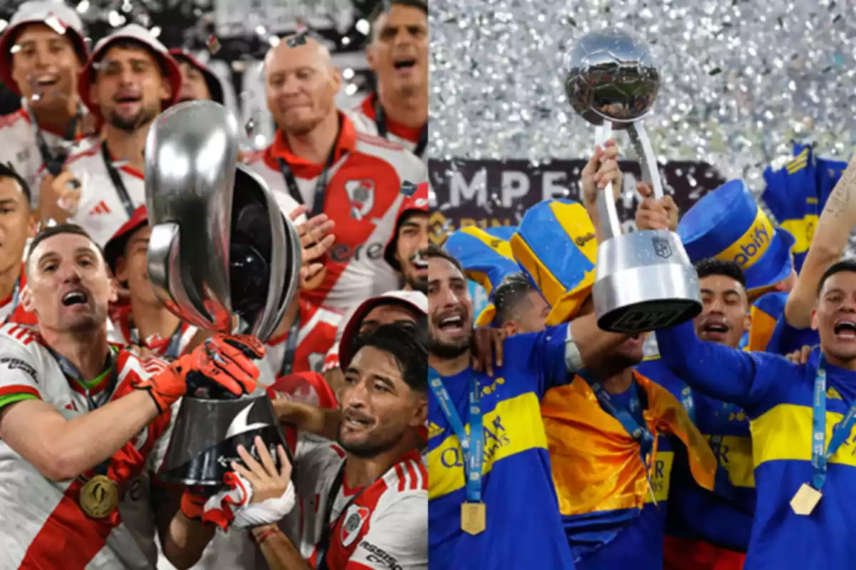 Jugadores de River Plate y Boca Juniors celebrando con trofeos en medio de confeti y alegría