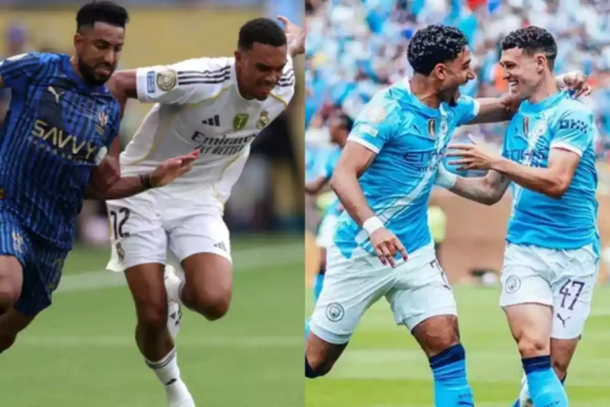 Dos escenas de partidos de fútbol, a la izquierda dos jugadores disputan el balón y a la derecha dos jugadores celebran sonrientes en el campo.