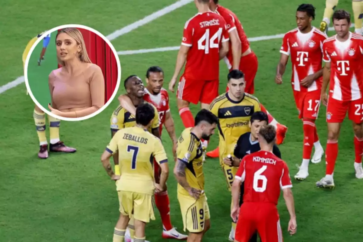 Jugadores de dos equipos de fútbol discuten en el campo mientras una mujer aparece en un recuadro circular en la esquina superior izquierda