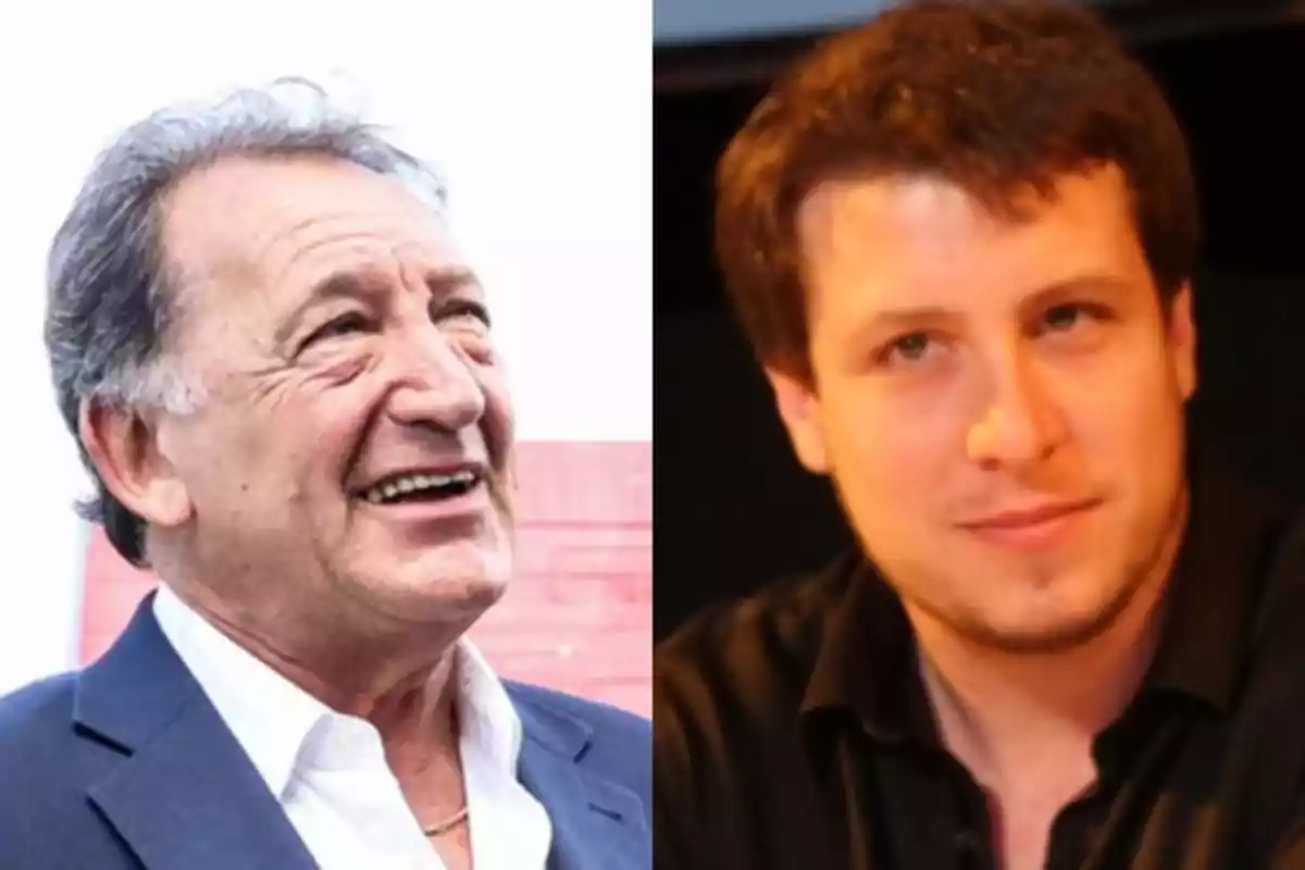 Two men of different ages appear in an image divided into two parts; the man on the left is older and smiling, while the man on the right is younger and looking straight ahead. Two men of different ages appear in an image divided into two parts; the man on the left is older and smiling, while the man on the right is younger and looking straight ahead.