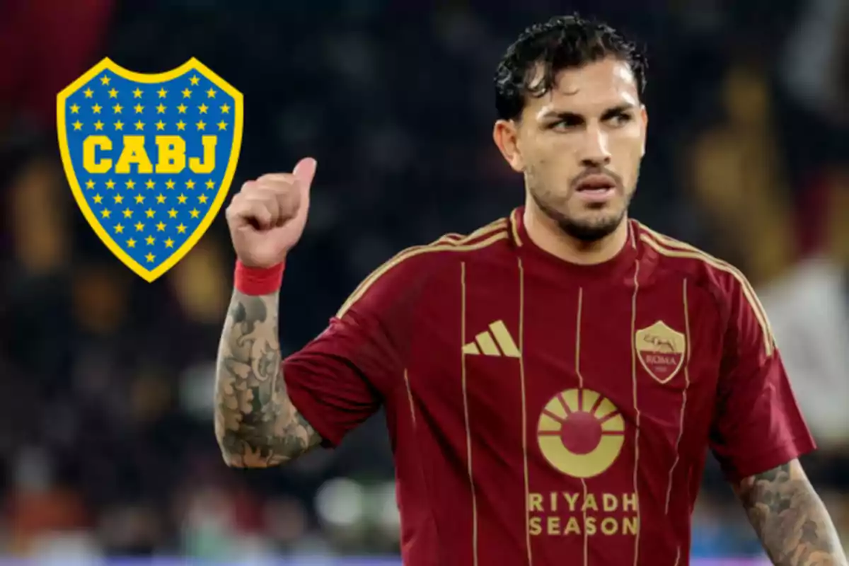 Soccer player wearing a Roma jersey with the Boca Juniors crest in the background