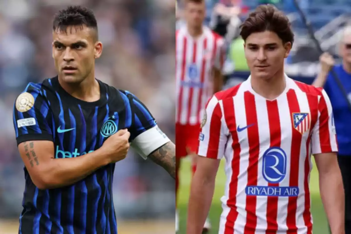 Two players wearing the uniforms of their respective teams, one from Inter Milan and the other from Atlético de Madrid