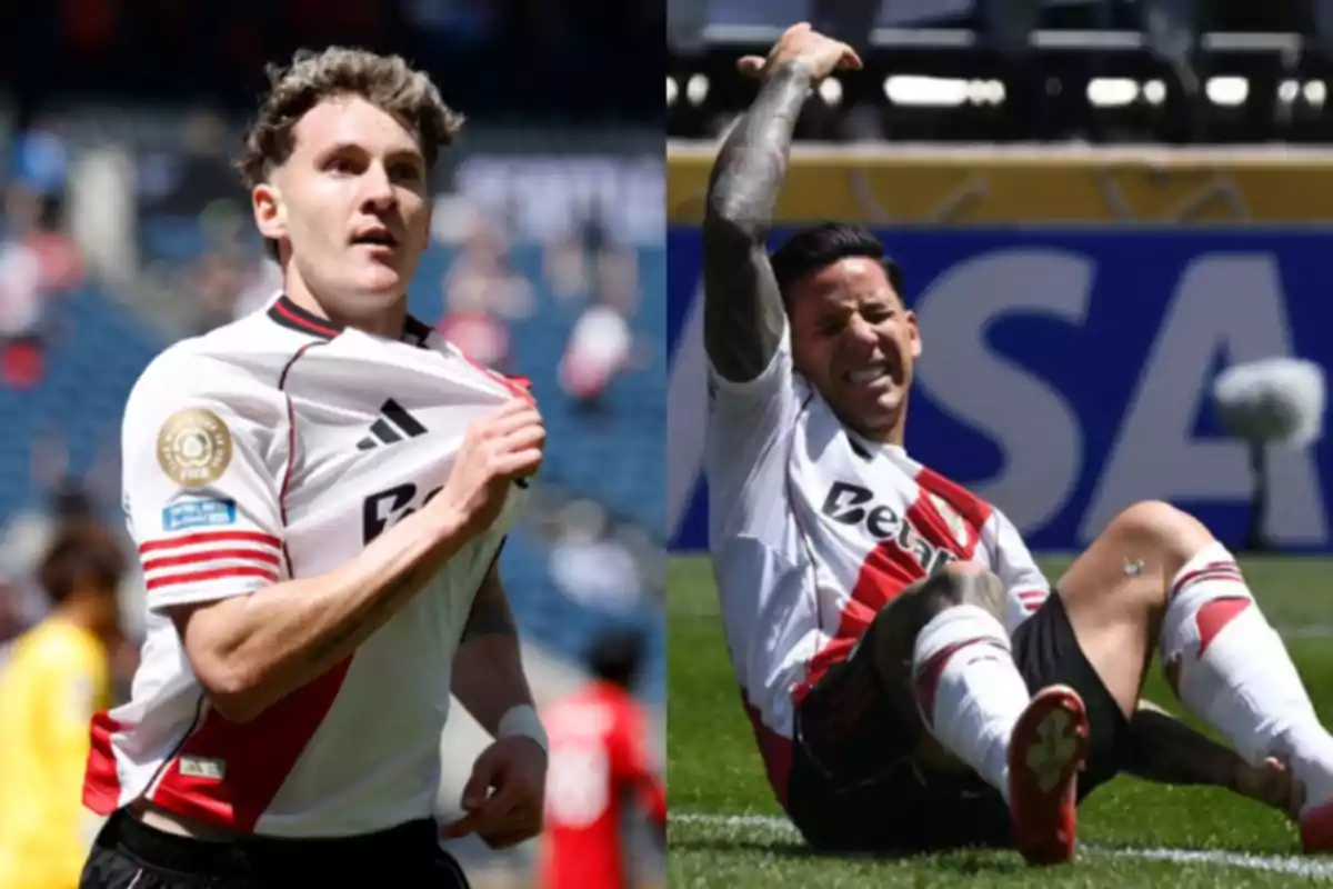 Dos futbolistas de River Plate, uno celebrando y otro en el suelo con gesto de dolor durante un partido. Dos futbolistas de River Plate, uno celebrando y otro en el suelo con gesto de dolor durante un partido.