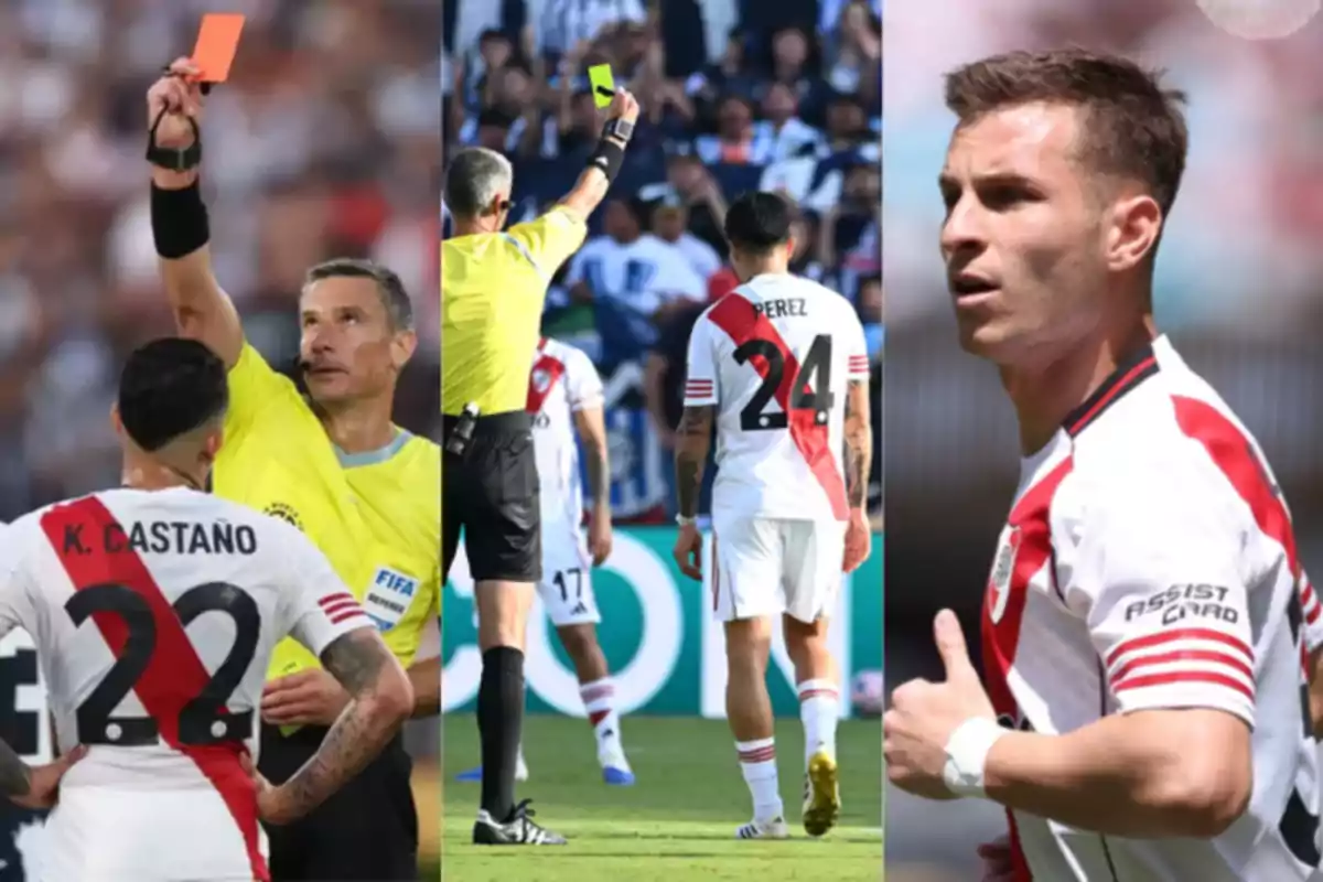 Árbitro mostrando tarjetas a jugadores de fútbol con uniforme blanco y franja roja durante un partido Árbitro mostrando tarjetas a jugadores de fútbol con uniforme blanco y franja roja durante un partido