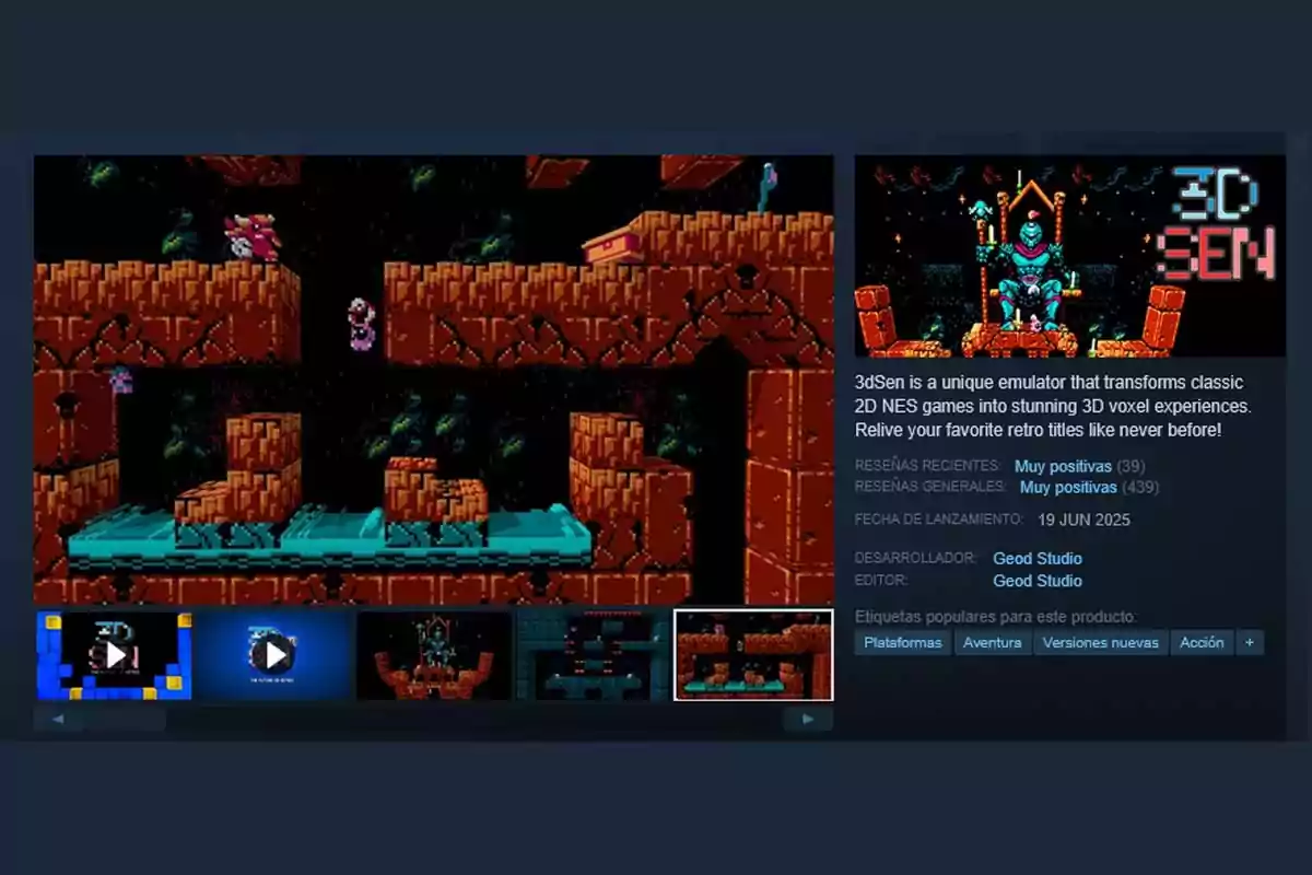 Captura de pantalla de la tienda de Steam mostrando el emulador 3dSen, con gráficos de un videojuego retro de plataformas en 2D y una descripción del producto a la derecha Captura de pantalla de la tienda de Steam mostrando el emulador 3dSen, con gráficos de un videojuego retro de plataformas en 2D y una descripción del producto a la derecha