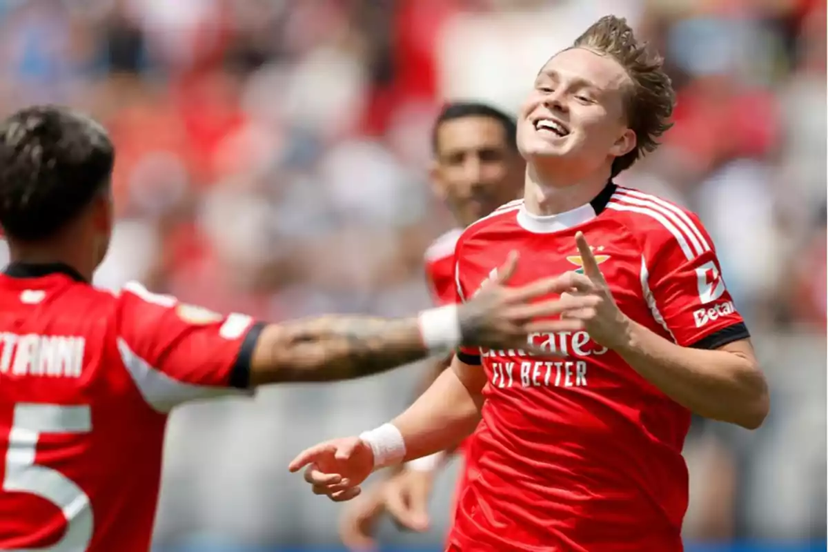 Futbolista con uniforme rojo celebrando un gol junto a un compañero durante un partido Futbolista con uniforme rojo celebrando un gol junto a un compañero durante un partido