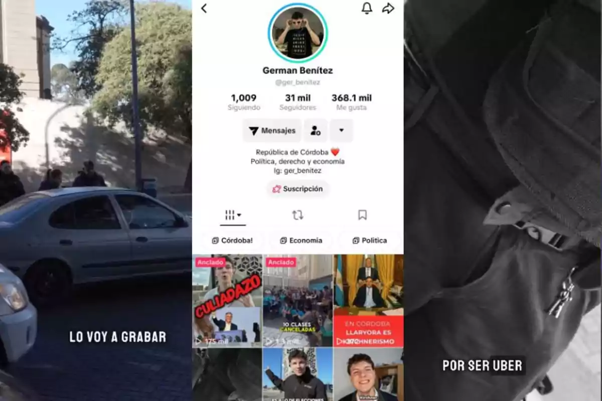 Split-screen screenshot in three parts showing on the left a car stopped by the police, in the center the TikTok profile of German Benítez, and on the right a black-and-white image of a police uniform with the text "I'm going to record it because I'm an Uber driver."