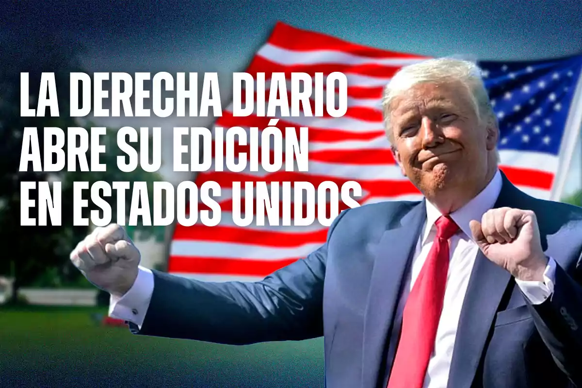 Hombre de traje y corbata roja haciendo un gesto con los puños frente a una bandera de Estados Unidos y un texto grande que anuncia la apertura de una edición en ese país