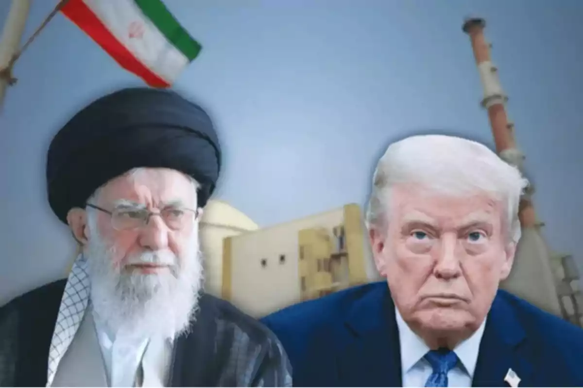 Two men with serious expressions in front of a nuclear plant and an Iranian flag waving in the background Two men with serious expressions in front of a nuclear plant and an Iranian flag waving in the background