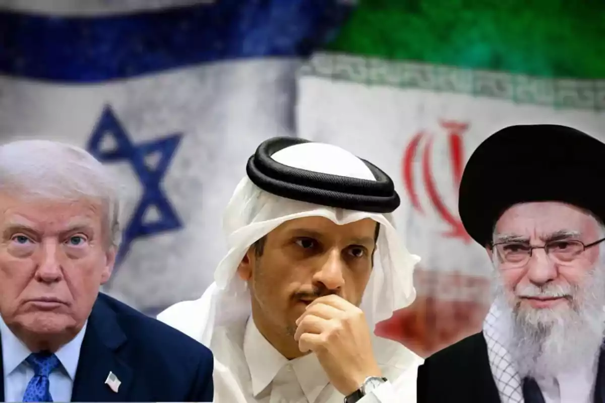 Three men with serious expressions in front of the blurred flags of Israel and Iran in the background