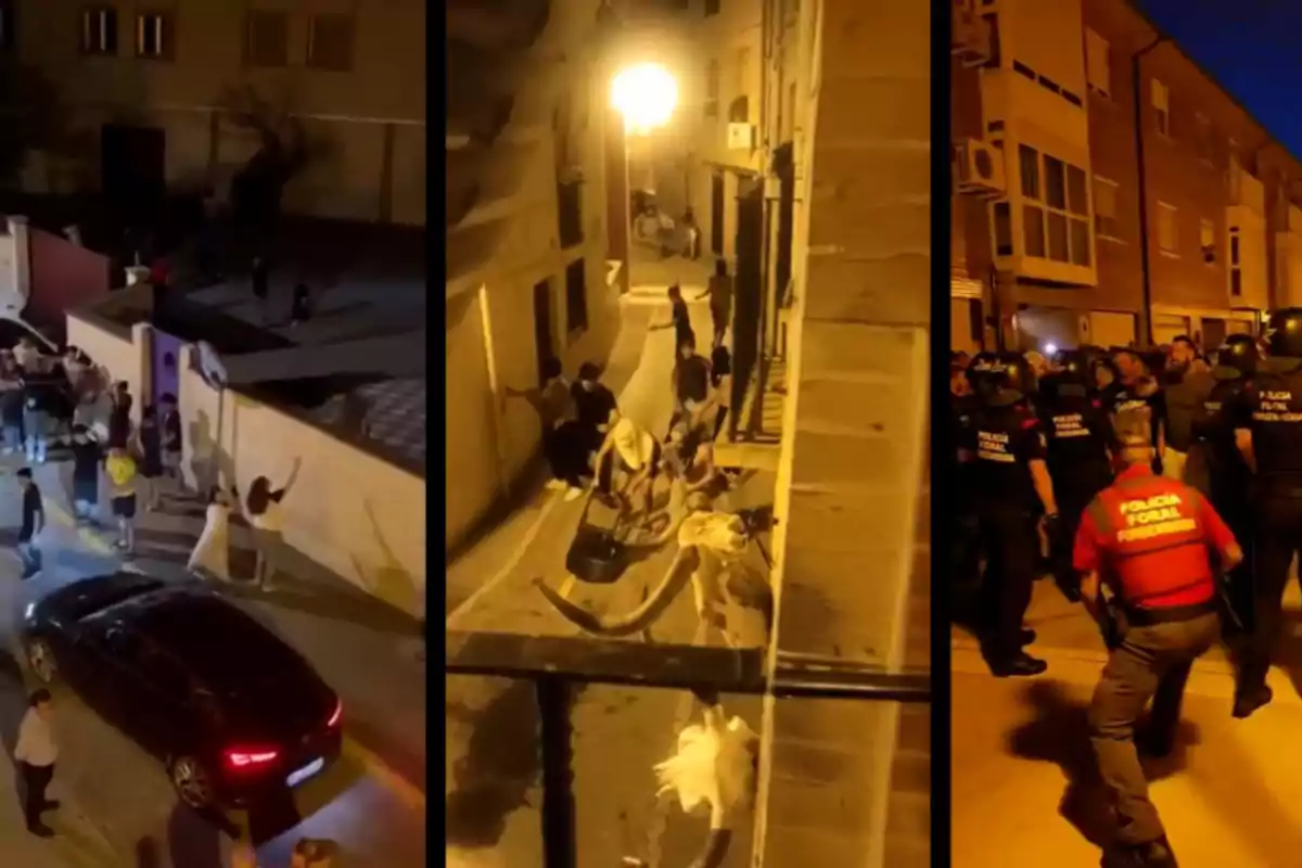 Tres escenas nocturnas muestran a grupos de personas en la calle, algunas interactuando con la policía y otras en calles estrechas iluminadas, en un ambiente de tensión urbana. Tres escenas nocturnas muestran a grupos de personas en la calle, algunas interactuando con la policía y otras en calles estrechas iluminadas, en un ambiente de tensión urbana.