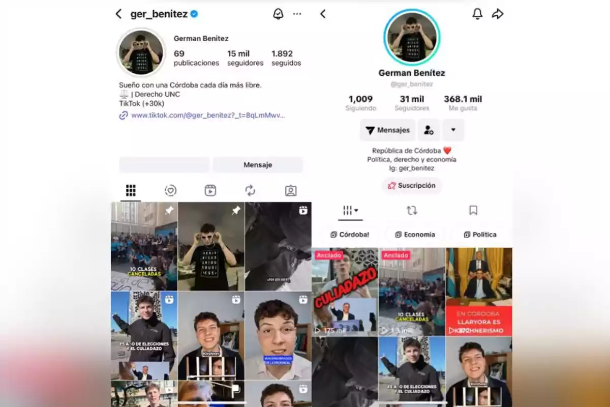 Comparison of German Benitez’s Instagram and TikTok profiles, showing his profile picture, follower and post statistics, and a preview of his most recent videos about politics and current events in Córdoba. Comparison of German Benitez’s Instagram and TikTok profiles, showing his profile picture, follower and post statistics, and a preview of his most recent videos about politics and current events in Córdoba.