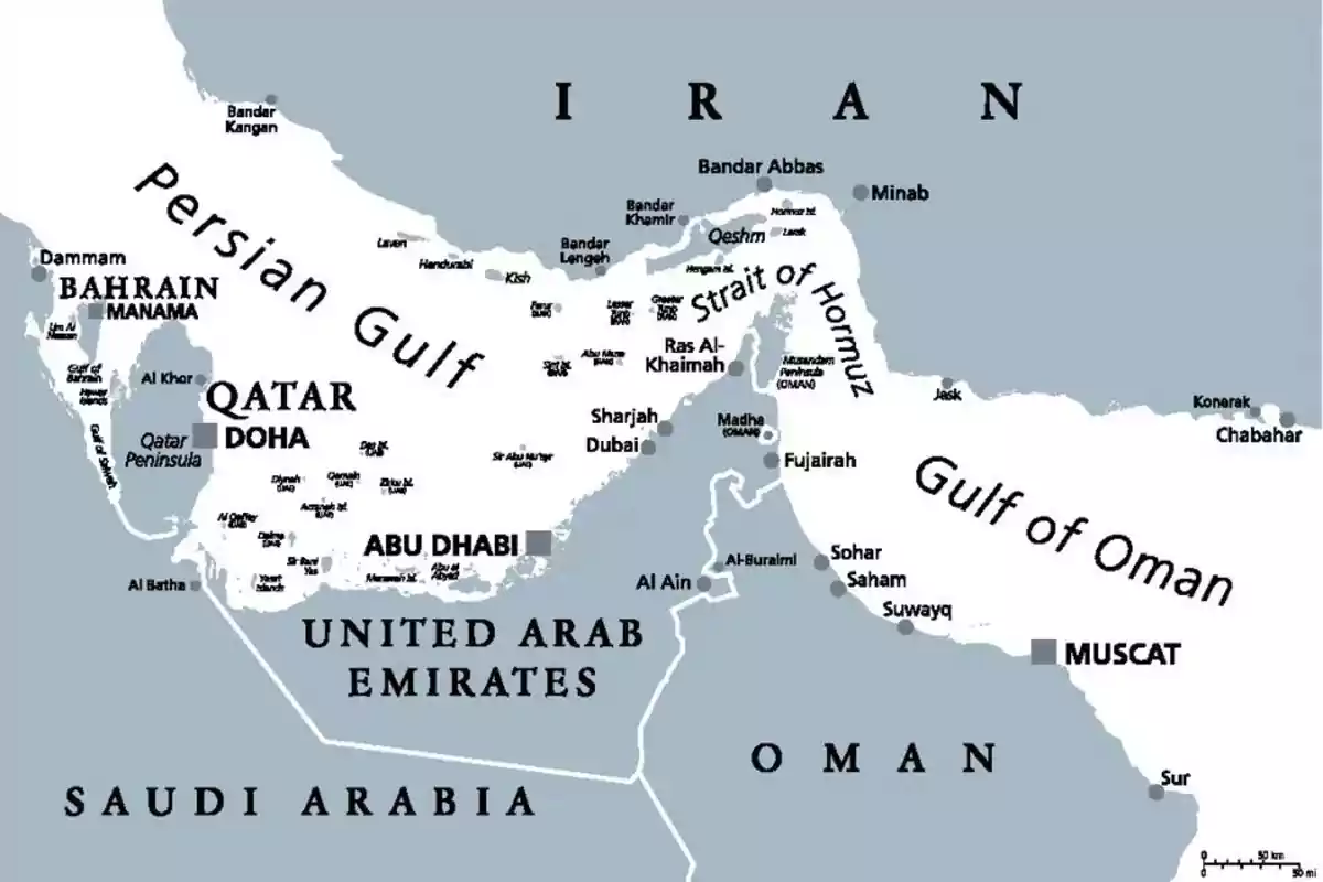 Map showing the Persian Gulf, the Strait of Hormuz, and the Gulf of Oman, with countries such as Iran, Oman, United Arab Emirates, Saudi Arabia, Qatar, and Bahrain, as well as major cities like Abu Dhabi, Doha, Dubai, Manama, and Muscat. Map showing the Persian Gulf, the Strait of Hormuz, and the Gulf of Oman, with countries such as Iran, Oman, United Arab Emirates, Saudi Arabia, Qatar, and Bahrain, as well as major cities like Abu Dhabi, Doha, Dubai, Manama, and Muscat.