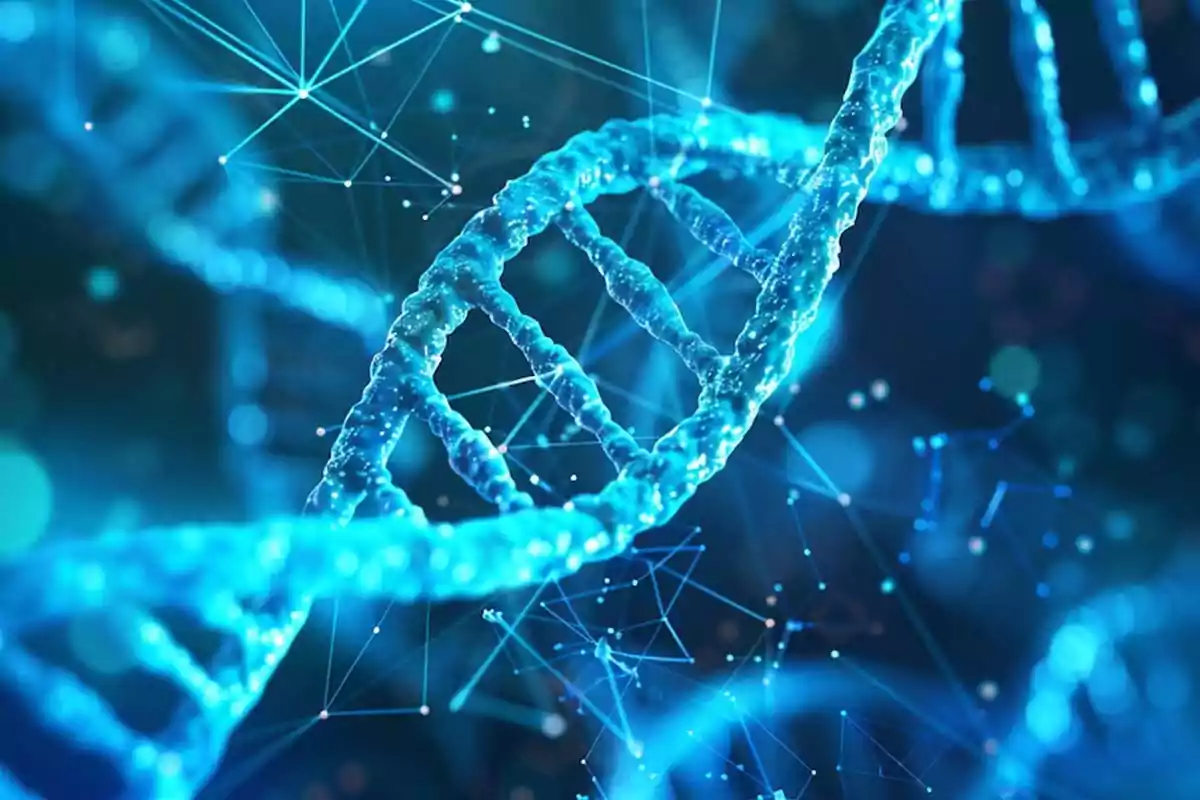 Digital illustration of a DNA strand in blue tones with connections and points of light in the background Digital illustration of a DNA strand in blue tones with connections and points of light in the background