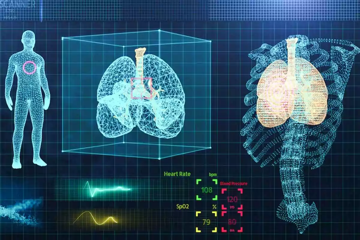Digital image with medical graphics showing a human body, 3D lungs, ribs, and vital sign data such as heart rate, blood pressure, and oxygen saturation on a blue grid background Digital image with medical graphics showing a human body, 3D lungs, ribs, and vital sign data such as heart rate, blood pressure, and oxygen saturation on a blue grid background