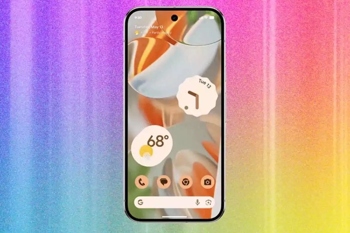 Teléfono inteligente con pantalla encendida mostrando widgets sobre un fondo abstracto de colores brillantes Teléfono inteligente con pantalla encendida mostrando widgets sobre un fondo abstracto de colores brillantes
