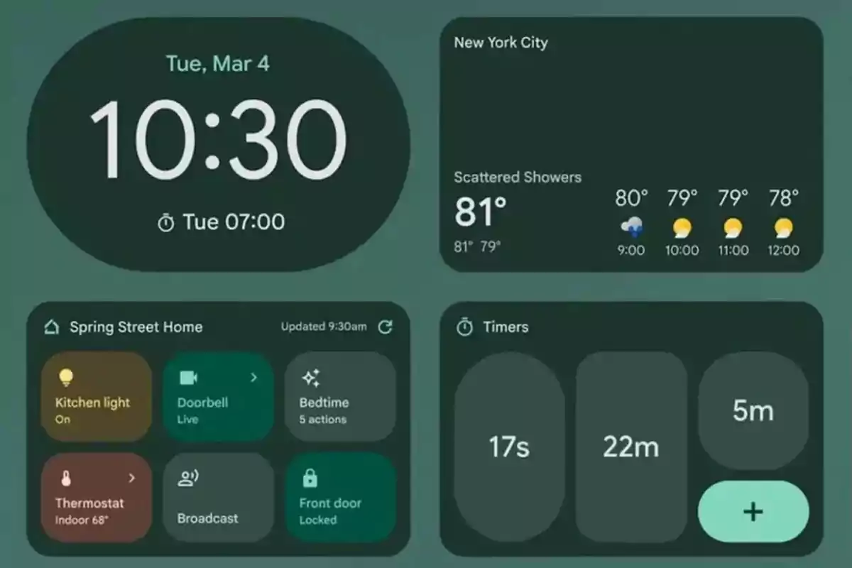 Pantalla de inicio de un dispositivo con widgets que muestran la hora, el clima en Nueva York, controles de hogar inteligente y temporizadores. Pantalla de inicio de un dispositivo con widgets que muestran la hora, el clima en Nueva York, controles de hogar inteligente y temporizadores.