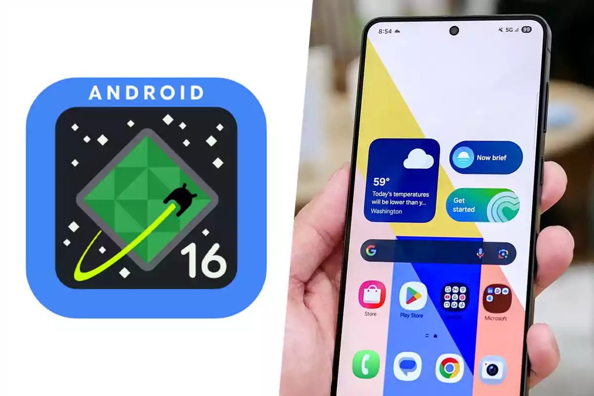 Android 16 logo next to a hand holding a smartphone with the screen on, displaying the Android operating system user interface
