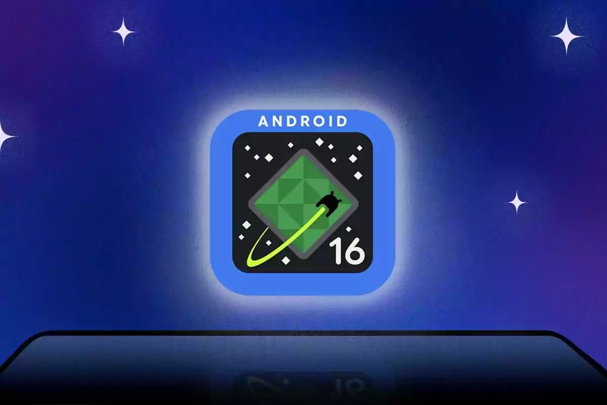Logo de Android 16 en un fondo azul con estrellas y un borde brillante Logo de Android 16 en un fondo azul con estrellas y un borde brillante