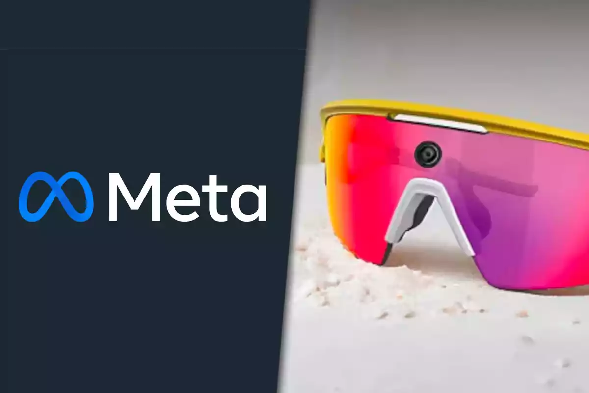 Logo de Meta junto a unos lentes inteligentes con mica rosa y amarilla sobre una superficie clara