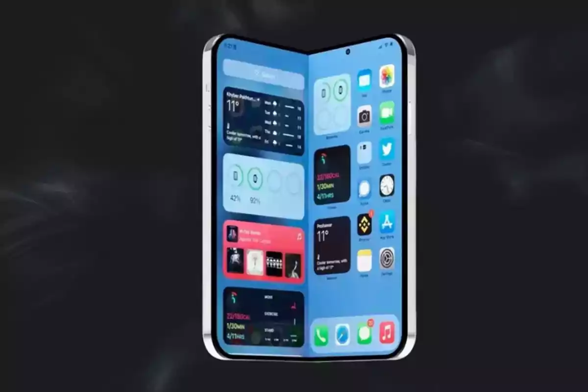 Teléfono inteligente plegable con pantalla abierta mostrando aplicaciones y widgets sobre un fondo oscuro Teléfono inteligente plegable con pantalla abierta mostrando aplicaciones y widgets sobre un fondo oscuro