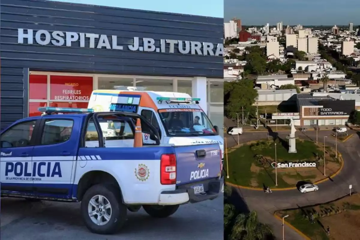Una camioneta de la policía y una ambulancia estacionadas frente al hospital J.B. Iturraspe junto a una vista aérea de la ciudad de San Francisco en Córdoba