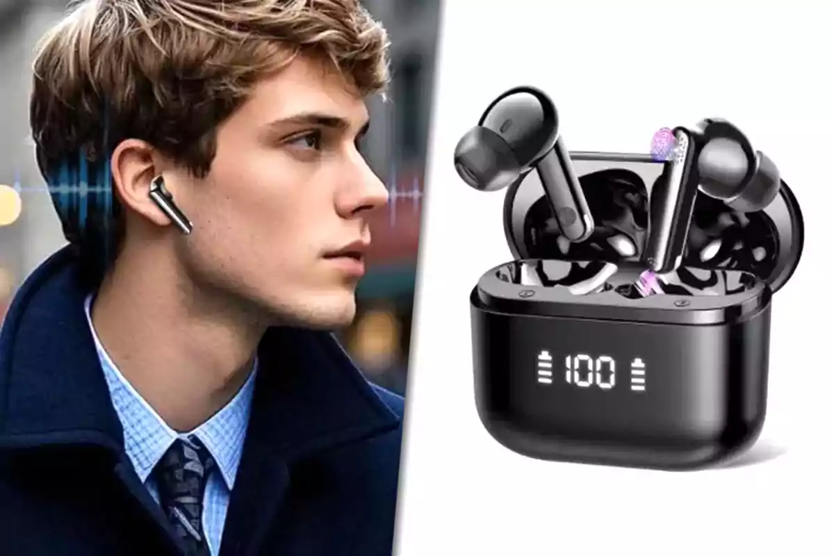 Young man wearing black wireless headphones next to a close-up image of the same headphones with their charging case displaying a digital screen