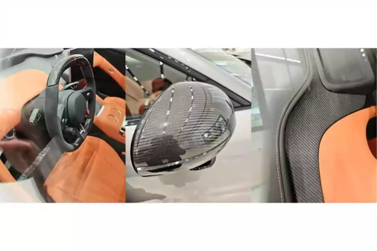 Detalles de un auto deportivo con interiores en color naranja y acabados en fibra de carbono en el volante, espejo lateral y asiento Detalles de un auto deportivo con interiores en color naranja y acabados en fibra de carbono en el volante, espejo lateral y asiento