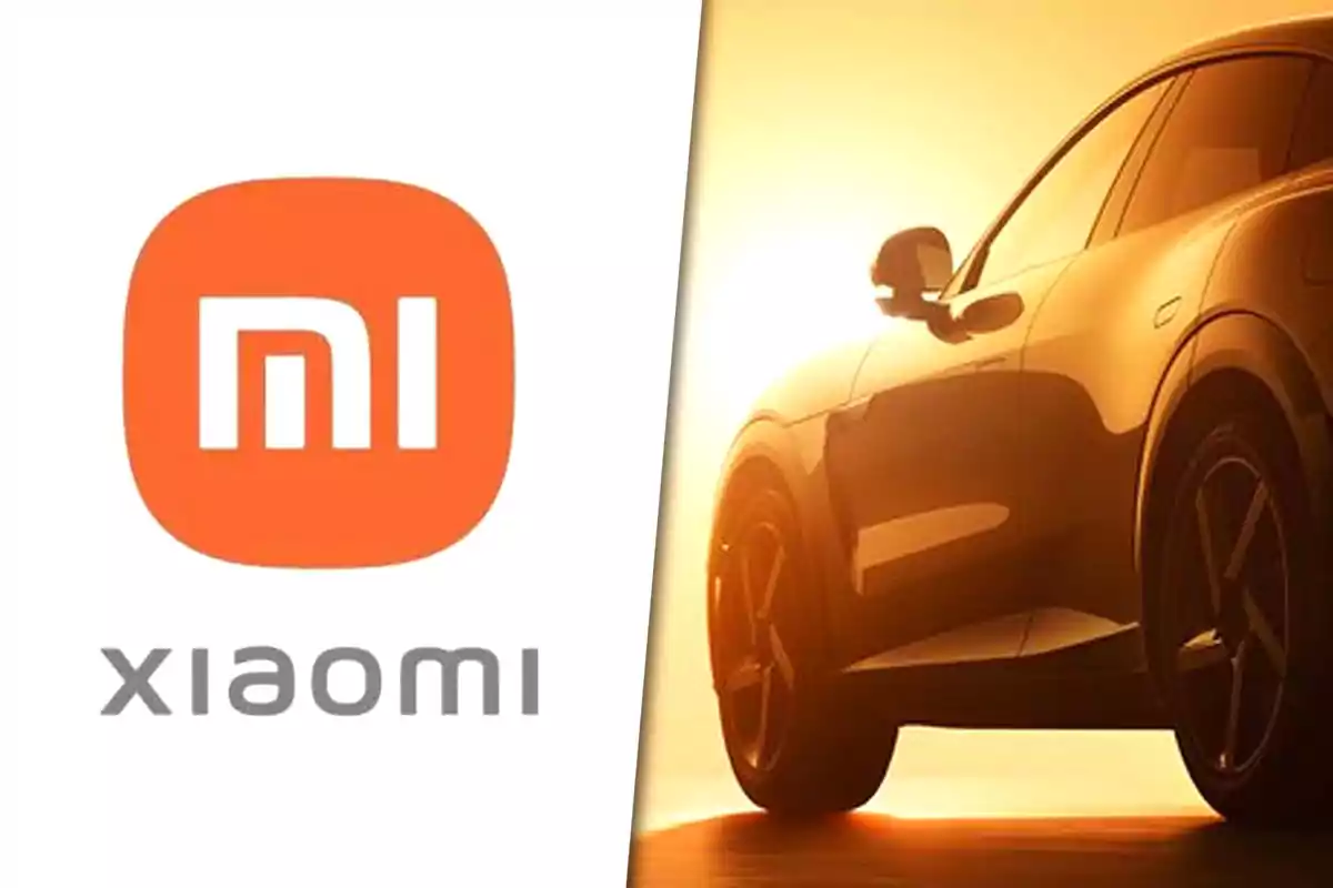 Logo de Xiaomi junto a un automóvil en un fondo iluminado por el sol