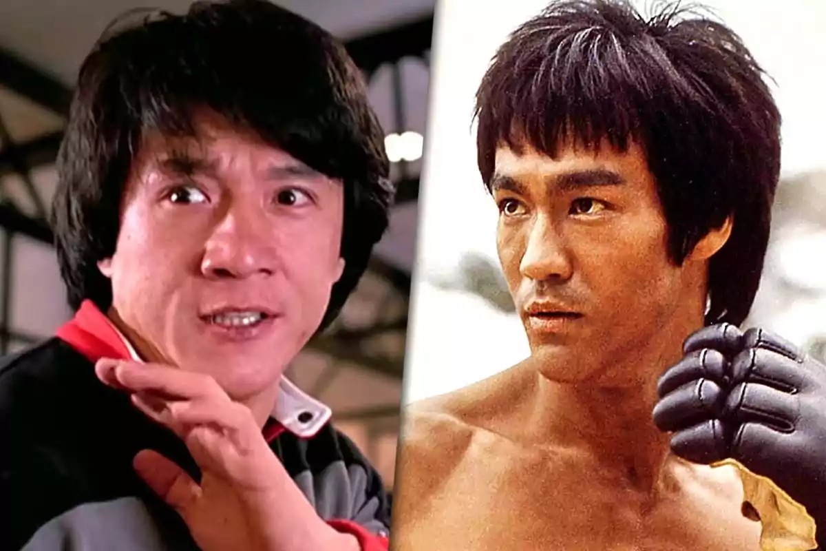 Two Asian men in martial arts poses, one wearing sportswear and the other jerseyless with a black glove.