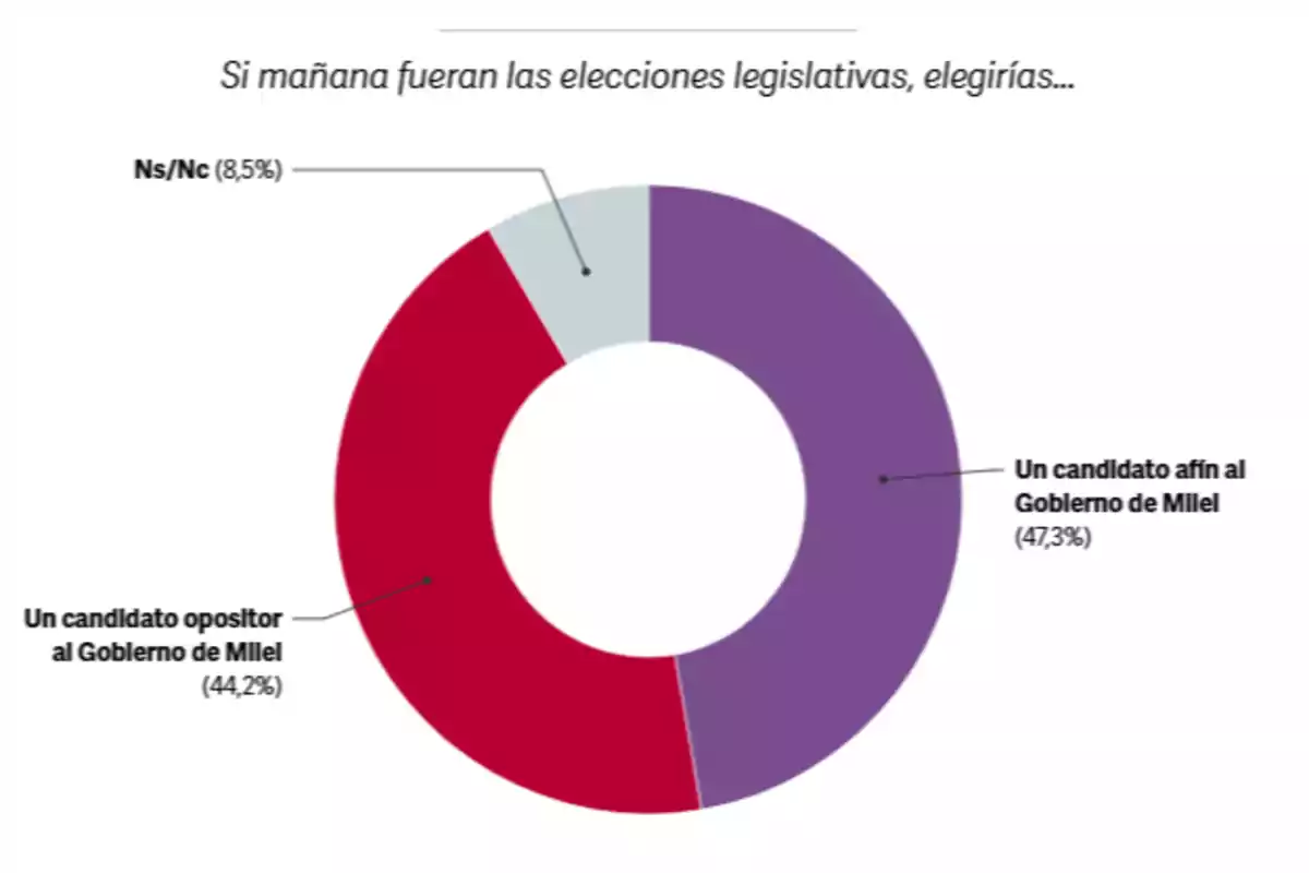 Gráfico de anillo que muestra la intención de voto en elecciones legislativas, donde un 47,3% elegiría un candidato afín al Gobierno de Milei, un 44,2% a un candidato opositor y un 8,5% no sabe o no contesta. Gráfico de anillo que muestra la intención de voto en elecciones legislativas, donde un 47,3% elegiría un candidato afín al Gobierno de Milei, un 44,2% a un candidato opositor y un 8,5% no sabe o no contesta.