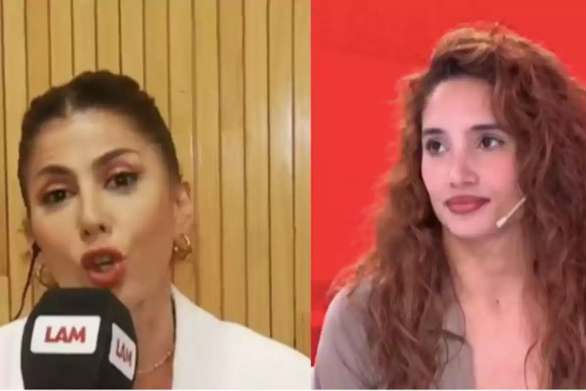 Dos mujeres en primer plano, una con el cabello recogido hablando frente a un micrófono y la otra con el cabello suelto y rizado usando un micrófono de diadema, ambas en diferentes fondos