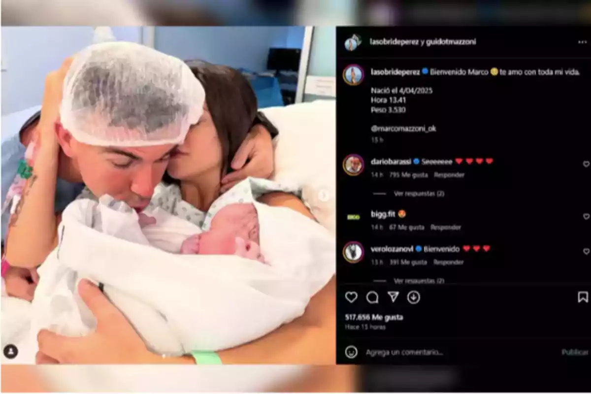 A couple hugs and kisses their newborn baby in a hospital room while the mother holds the baby wrapped in a white blanket. A couple hugs and kisses their newborn baby in a hospital room while the mother holds the baby wrapped in a white blanket.