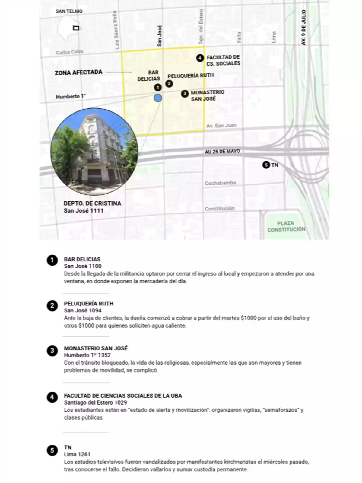 Mapa de una zona afectada en Buenos Aires que muestra la ubicación de varios lugares destacados como un bar, una peluquería, un monasterio, una facultad y un canal de televisión, junto con una foto de un edificio identificado como el departamento de Cristina y descripciones de los efectos recientes en cada sitio Mapa de una zona afectada en Buenos Aires que muestra la ubicación de varios lugares destacados como un bar, una peluquería, un monasterio, una facultad y un canal de televisión, junto con una foto de un edificio identificado como el departamento de Cristina y descripciones de los efectos recientes en cada sitio