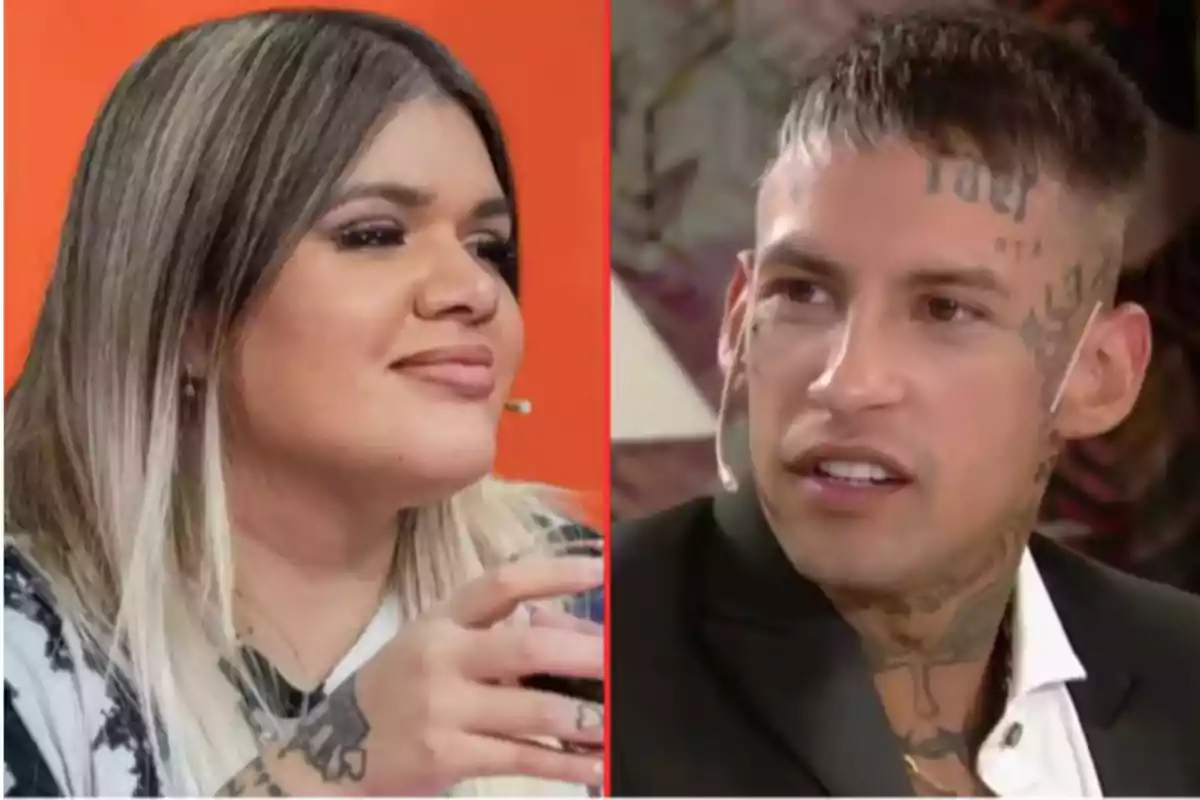 Dos personas sentadas en un programa de televisión, una mujer de cabello rubio con mechas y un hombre con tatuajes en la cara y el cuello, ambos usando micrófono de diadema Dos personas sentadas en un programa de televisión, una mujer de cabello rubio con mechas y un hombre con tatuajes en la cara y el cuello, ambos usando micrófono de diadema