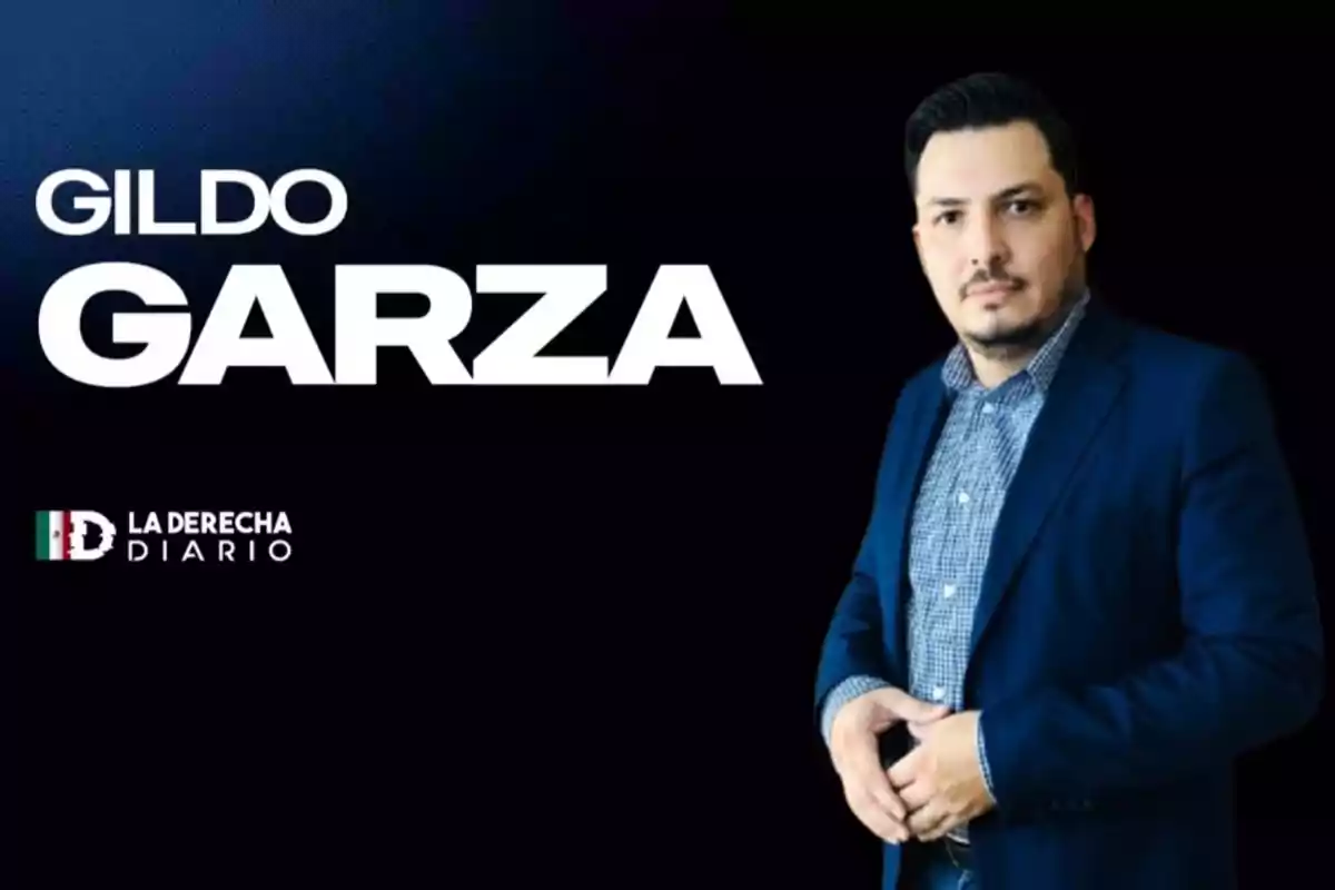 Short-haired man with a trimmed beard wearing a blue blazer and a checkered jersey posing next to a dark background with the text "Gildo Garza" and the logo of La Derecha Diario.