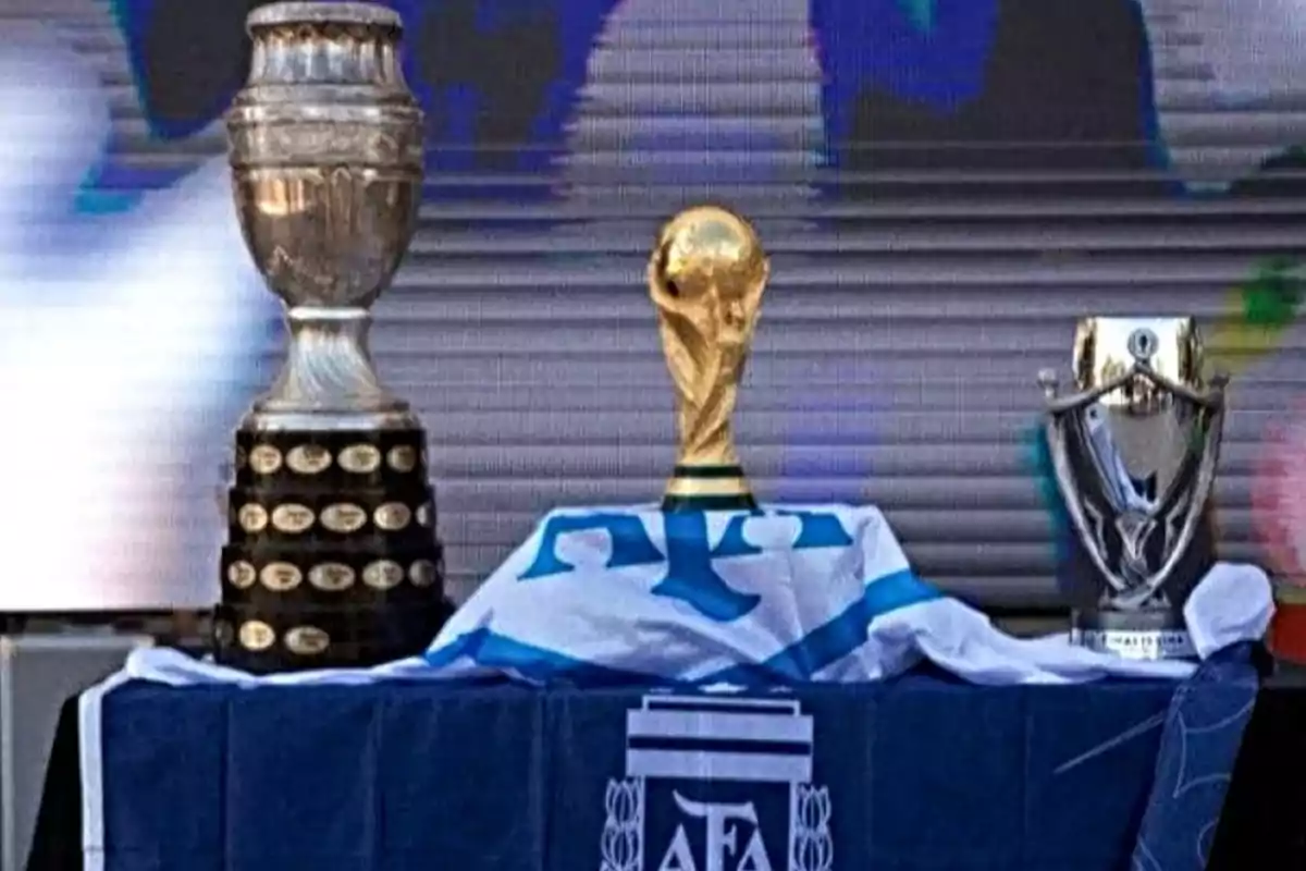Three soccer trophies on a table covered with a flag of the Argentine Football Association