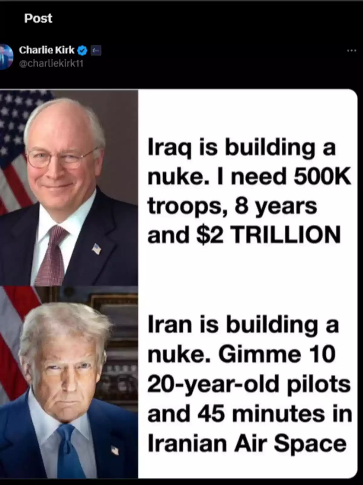 Imagen dividida en dos partes, arriba aparece un hombre mayor con gafas y sonrisa, junto a un texto que menciona la necesidad de muchos recursos para enfrentar una amenaza nuclear en Irak; abajo, otro hombre de cabello rubio y expresión seria, junto a un texto que sugiere una respuesta mucho más rápida y sencilla ante una amenaza similar en Irán. Imagen dividida en dos partes, arriba aparece un hombre mayor con gafas y sonrisa, junto a un texto que menciona la necesidad de muchos recursos para enfrentar una amenaza nuclear en Irak; abajo, otro hombre de cabello rubio y expresión seria, junto a un texto que sugiere una respuesta mucho más rápida y sencilla ante una amenaza similar en Irán.