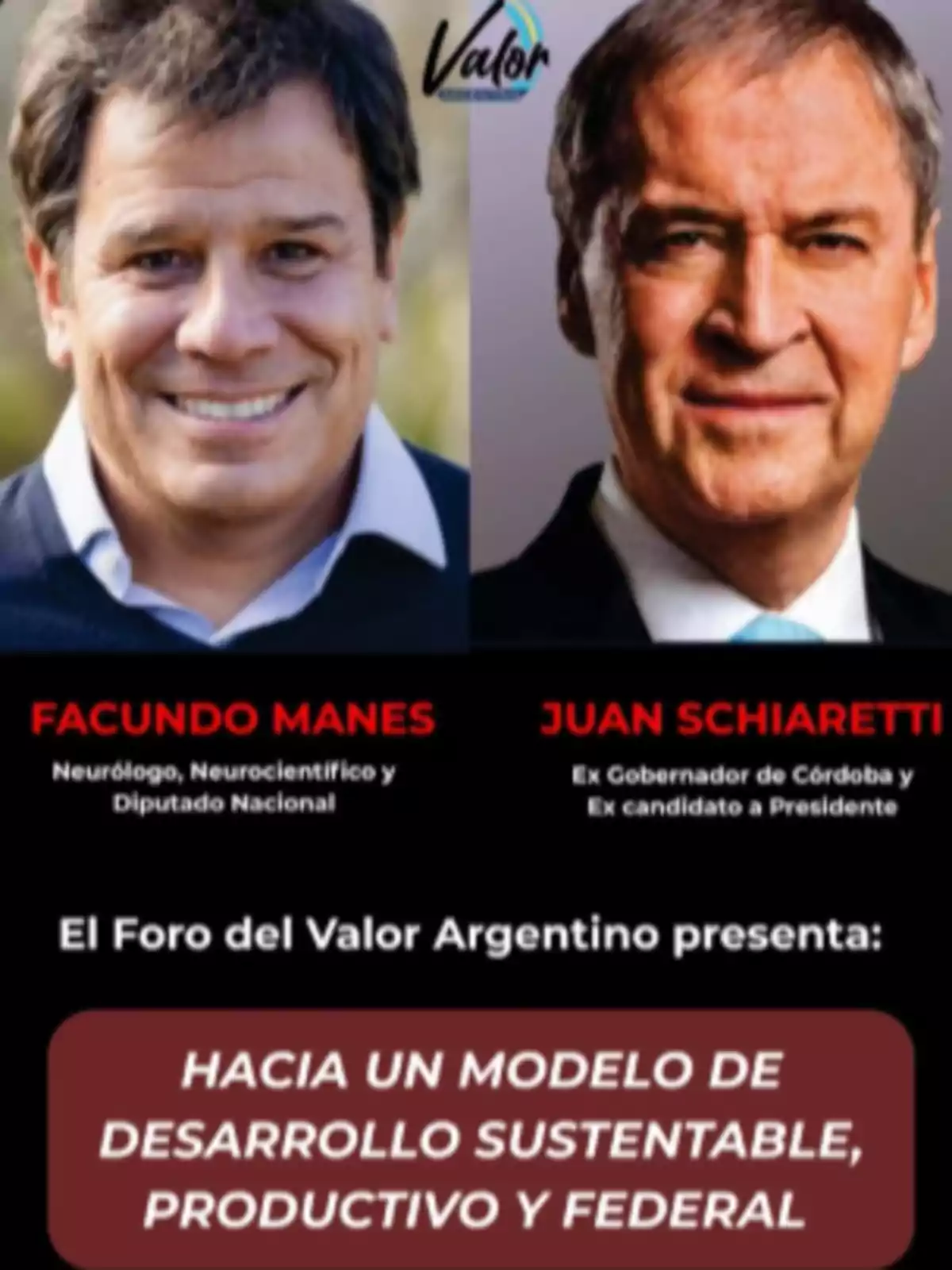 Dos hombres de traje aparecen en la parte superior de un afiche que anuncia un foro sobre desarrollo sustentable, productivo y federal en Argentina, con sus nombres y cargos destacados en letras rojas sobre fondo negro. Dos hombres de traje aparecen en la parte superior de un afiche que anuncia un foro sobre desarrollo sustentable, productivo y federal en Argentina, con sus nombres y cargos destacados en letras rojas sobre fondo negro.