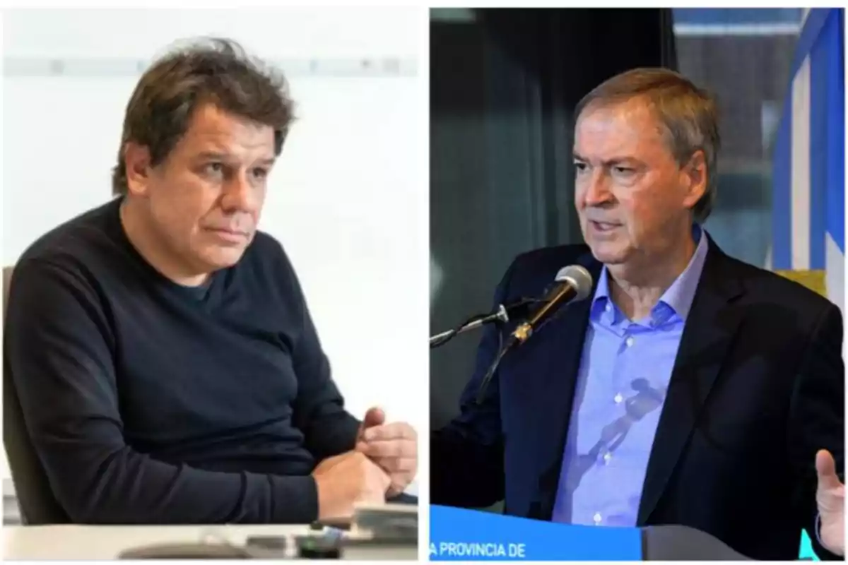 Dos hombres en diferentes escenarios uno sentado con suéter oscuro y otro hablando en un podio con micrófono y saco azul Dos hombres en diferentes escenarios uno sentado con suéter oscuro y otro hablando en un podio con micrófono y saco azul