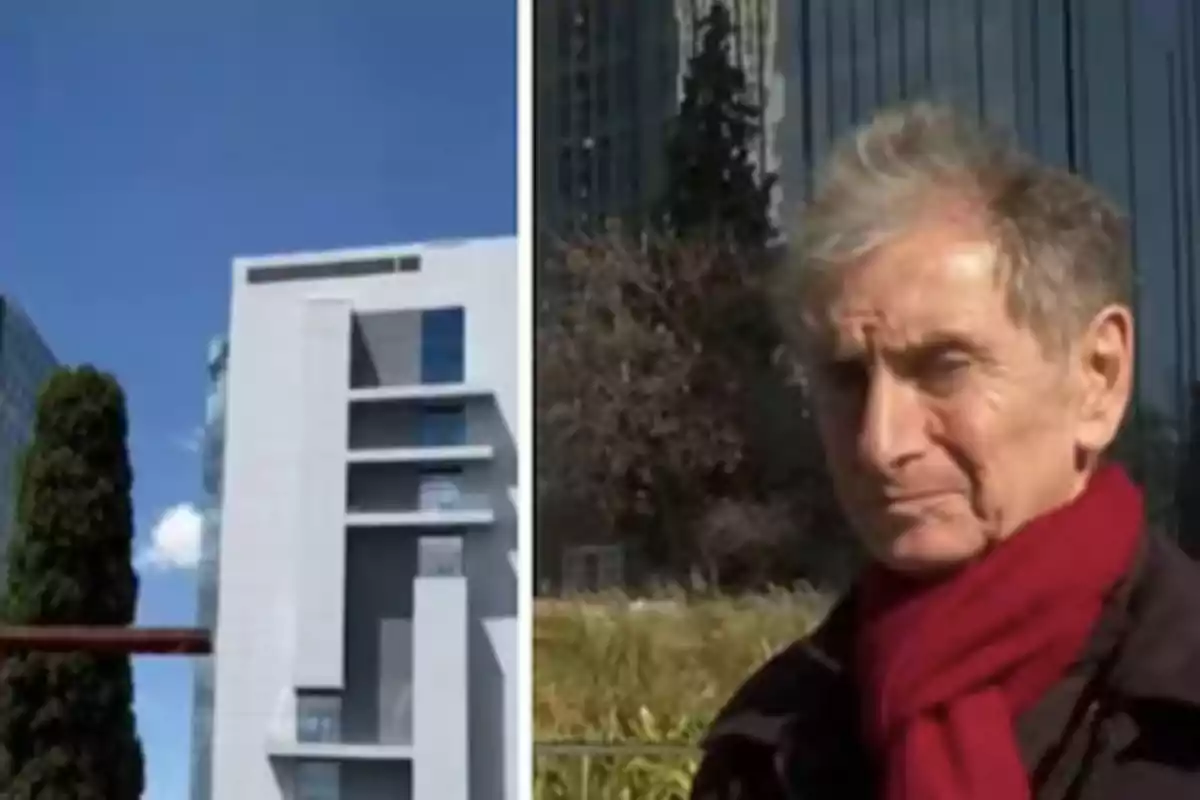 Un edificio moderno junto a un hombre mayor con bufanda roja en un entorno urbano Un edificio moderno junto a un hombre mayor con bufanda roja en un entorno urbano