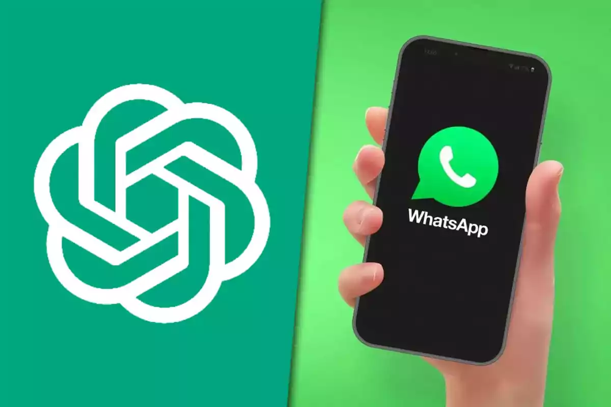 ChatGPT logo next to a hand holding a phone displaying the WhatsApp home screen