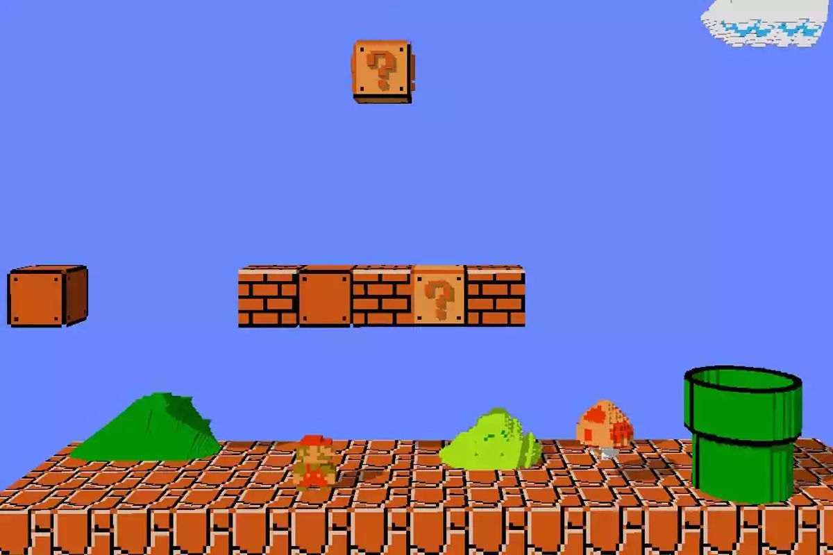Escena del videojuego clásico de Mario Bros en donde el personaje principal se encuentra en un nivel con bloques, un hongo enemigo, arbustos y una tubería verde sobre un fondo azul Escena del videojuego clásico de Mario Bros en donde el personaje principal se encuentra en un nivel con bloques, un hongo enemigo, arbustos y una tubería verde sobre un fondo azul