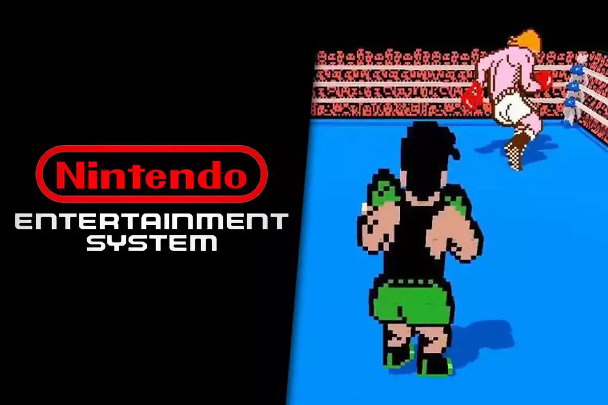 Logo de Nintendo Entertainment System junto a una escena del videojuego clásico de boxeo Punch-Out con gráficos retro.