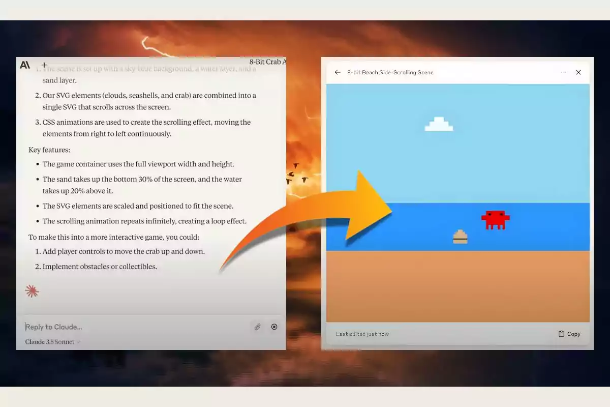 Captura de pantalla que muestra instrucciones escritas para crear una animación de playa en 8 bits y una flecha que apunta a una ventana con la animación terminada, donde se ve un cangrejo rojo, una nube y una concha sobre un fondo de mar y arena.