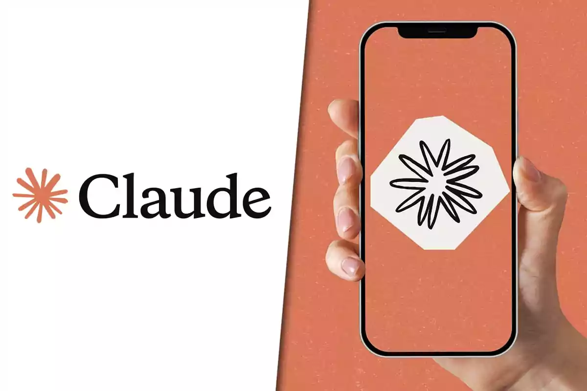 Logo de Claude a la izquierda y una mano sosteniendo un teléfono móvil con el mismo símbolo en la pantalla sobre un fondo naranja