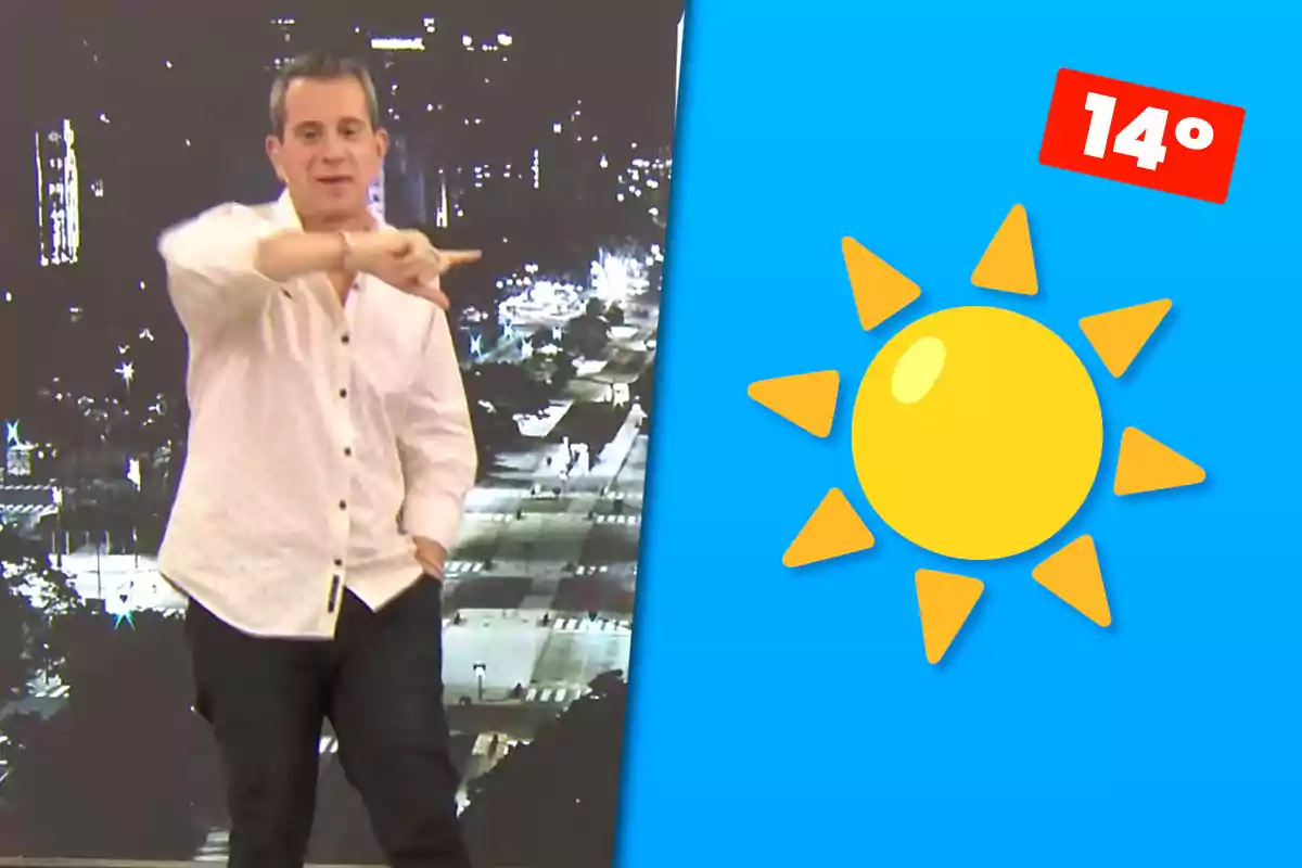 Hombre señalando con el brazo extendido junto a un gráfico de sol y la temperatura de 14 grados en un fondo azul
