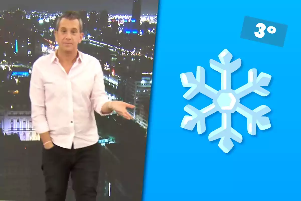 Hombre de pie con camisa clara y pantalón oscuro frente a una ciudad iluminada de noche junto a un gráfico de copo de nieve y la temperatura de 3 grados en un fondo azul