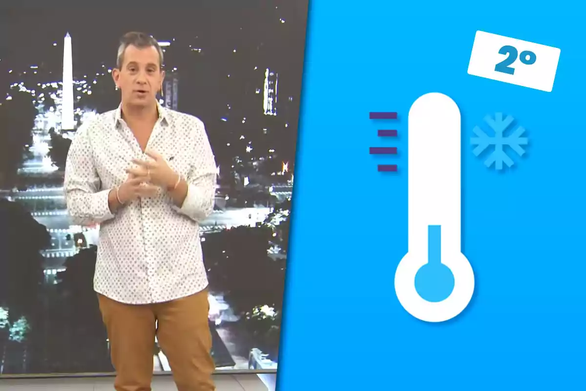 Un hombre de pie frente a una pantalla con una imagen nocturna de una ciudad y un gráfico que muestra un termómetro, un copo de nieve y la temperatura de 2 grados en un fondo azul